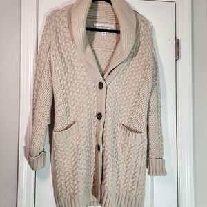 Max Studio Thick Wool Cashmere Cable Knit Cream Oatmeal Cardigan Womens Medium